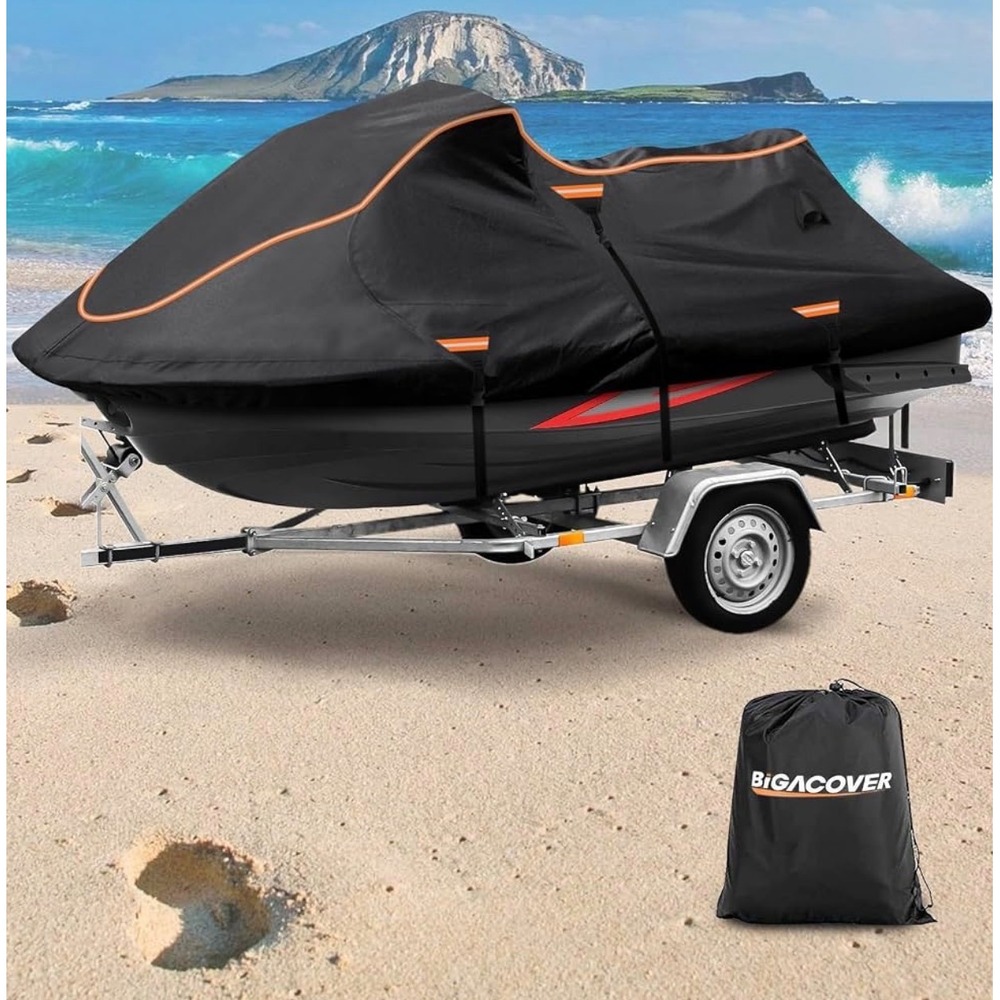 BIGACOVER Jet Ski Cover Size L 135-145in Trailable PWC Cover Black Orange NEW